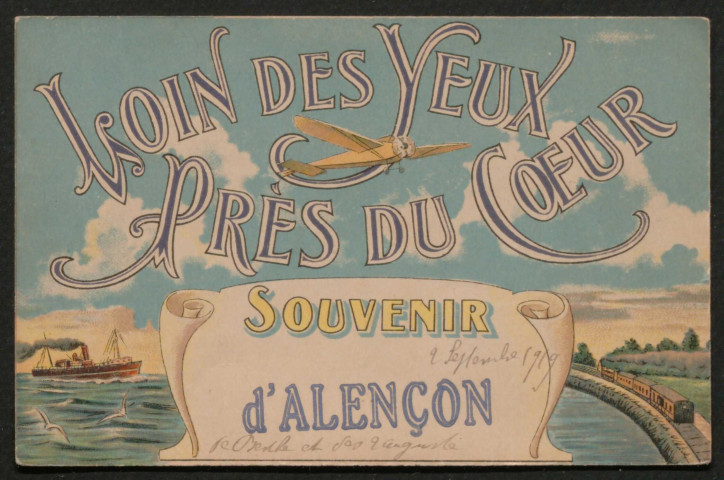 Alençon (Orne), souvenir d'Alençon, loin des yeux, près du cœur, carte postale ancienne n°15, Artaud et Nozais, Nantes, sd.