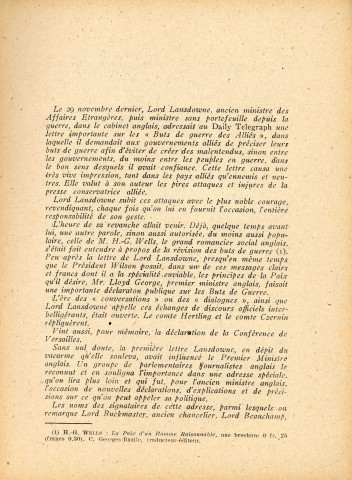 Lord Lansdowne, la paix par la diplomatie, texte intégral des deux lettres au Daily Telegraph avec de nouvelles déclarations : ce que couterait une victoire écrasante, "cahiers Britanniques et Américains" traducteur éditeur Cécil Georges-Bazile, Paris, imp. Lang, Blanchong et Cie
