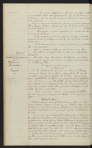 Distribution d'eau, établissement d'une bouche de lavage Place du Marché aux Bestiaux : rapport. Erection d'un monument à M. Lecointre : rapport