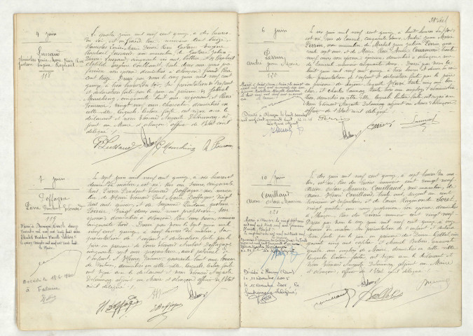 Acte de naissance de LUSSAUD Stanislas Louis Marie Désiré René Gustave Eugène Raphaël (4 juin 1915), acte de naissance de DOFFAGNE Pierre Prudent Edouard (7 juin 1915), acte de naissance de PERRIN André Jean Marie (6 juin 1915), acte de naissance de COUILLAUD Arsène Octave Maurice (10 juin 1915)
