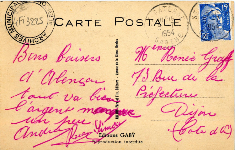 Alençon (Orne), "Pas si vite Célestin, ouvrez le tacot pour voir Alençon", carte humoristique à système couleur n°18, Artaud père et fils, éditeurs, Nantes, éditions Gaby, (Date d'utilisation : 05 juillet 1954), (14x9), AMA.