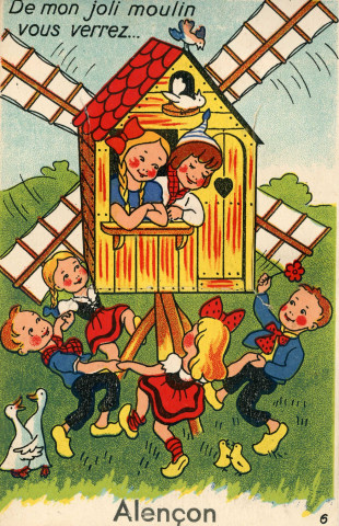 Alençon (Orne), "De mon joli moulin vous verrez Alençon", carte postale humoristique à système couleur n°6, Artaud père et fils, éditeur, Nantes, éditions Gaby, (Date d'utilisation : 22 septembre 1952), (14x9), AMA.