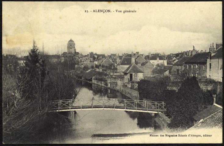 Alençon (Orne), vue générale, carte postale ancienne noir et blanc n°23, Maison des Magasins Réunis, Alençon éditeur, (Date d'utilisation : 02 mai), (14x9), AMA, 2 exemplaires.