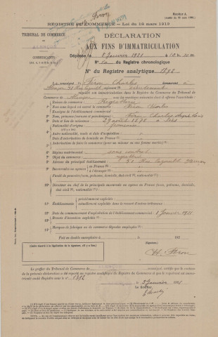 Registre du commerce : déclaration n°1792 aux fins d'immatriculation (5 janvier 1921).