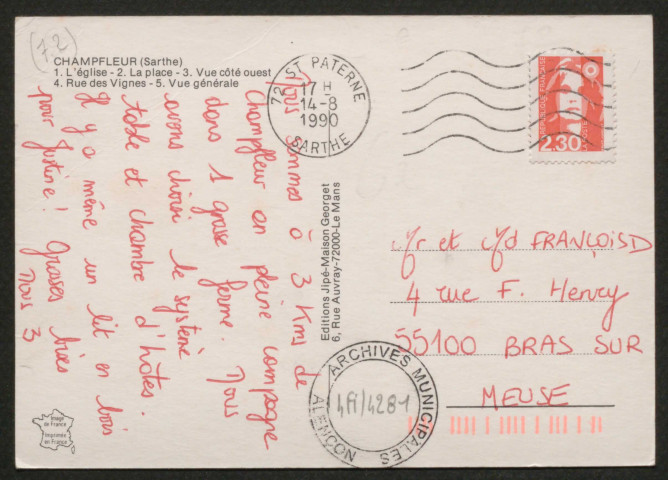 Champleur (Sarthe), carte postale moderne couleur, multivues, L'église, la place, vue côté ouest, Rue des Vignes, Vue générale, éditions Jipé-Maison Georget, le Mans, (Date d'utilisation : 14 août 1990), (15x10,5), AMA.