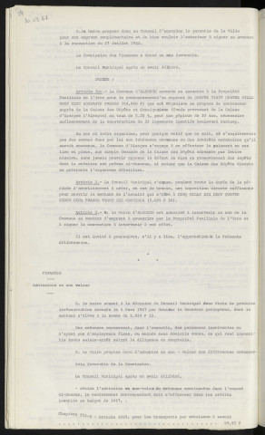 Finances, garantie d'emprunt de 84 960 F à la propriété familiale de l'Orne auprès de la caisse d'épargne d'Alençon pour construction de 32 logements locatifs boulevard Duchamp. Finances, admissions en non-valeur.