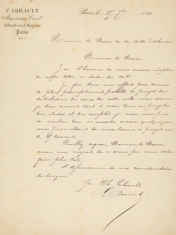 Projet de distribution en eau potable de la ville d'Alençon, captation des sources de Guéramé (1880) (Victor Huchet) : rapport, projet d'acquisition des sources et du Moulin de Guéramé : correspondance.