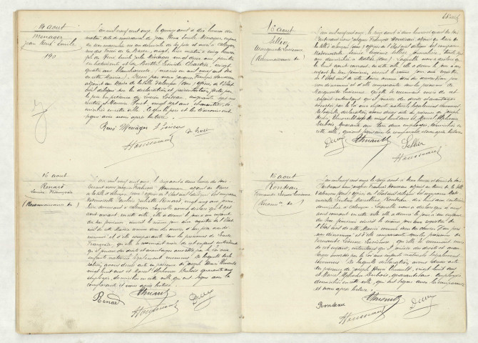 Acte de naissance de MENAGER Jean René Emile (14 août 1911),reconnaissance de RENARD Louise Françoise (16 août 1911),reconnaissance de SELLIER Marguerite Lucienne (16 août 1911),reconnaissance de RONDEAU Fernande Léonne Lucienne (16 août 1911).