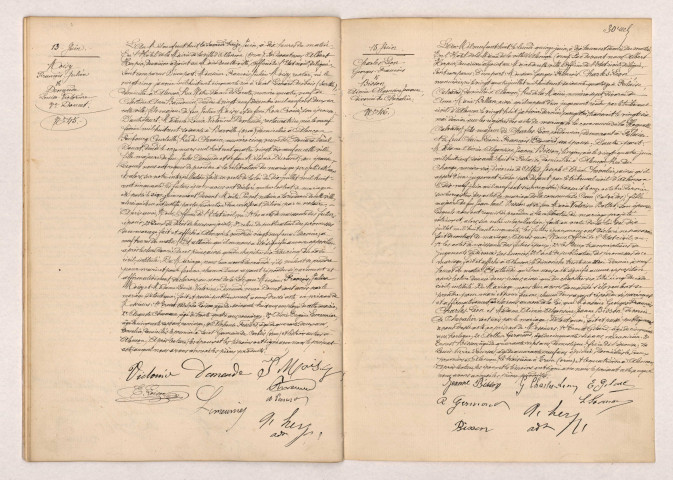 Acte de mariage de MOISY François Julien et DEMEUDE Louise Victorine veuve DOUCET (13 Juin 1908), CHARLES Léon Georges François et BISSON Aimée Alphonsine Jeanne Divorcée de CHEVALIER (15 Juin 1908).