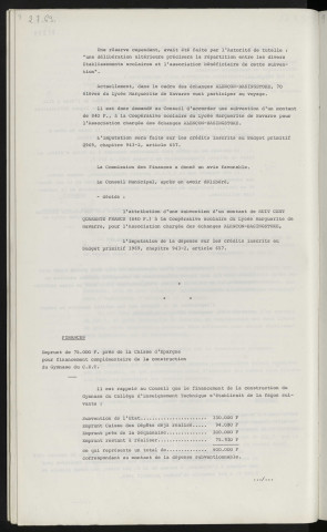 Finances, subvention à l'association des échanges scolaires Franco-Britanniques du lycée Marguerite de Navarre. Finances, emprunt de 75 000 F auprès de la caisse d'Epargne pour financement complémentaire de la construction du gymnase C.E.T.