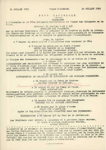 Fête nationale du quatorze juillet 1921, organisation par la commission des fêtes : correspondance, affiche, programme, bons de consommation.