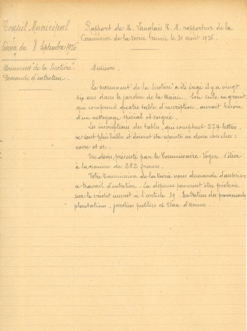 Réhabilitation du buste de la Sicotière : rapport, devis (1926).