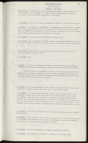 Contact avec un nouvel industriel envoyé par la D.A.T.A.R. Lancement du P.M.E. d'Alençon. Étude du cahier des charges du Parc des Expositions. Réparation de la verrière de la Halle au Blé. Disposition par Mr ARTOIS du plan des terrains disponibles à Alençon. Article dans le N°7 de "Cité des Ducs". Passerelle sur la Sarthe, demande de Mr BUFFARD. Expertise du groupe scolaire Emile Dupont.