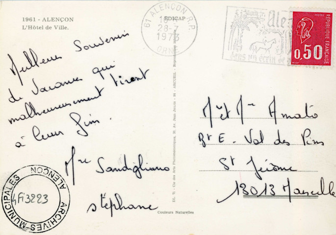 Alençon (Orne), l'Hôtel de Ville, carte postale semi-moderne couleur n°1961, édition CAP, Cie des arts photomécaniques, Arcueil, (Date d'utilisation : 28 juillet 1973), (14x9), AMA.