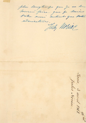 Lettre autographe signée de l'écrivain Jules Noriac à l'acteur Adolphe Laferrière (1861).