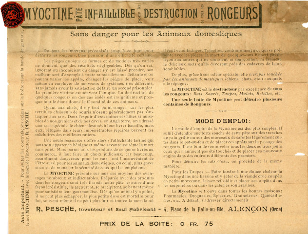 Spécialité, invention de la Myoctine, pâte pour la destruction des rongeurs par Raoul Pesche : flyer, étiquettes.