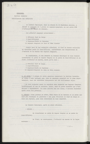 Personnel, service incendie, modification des effectifs.