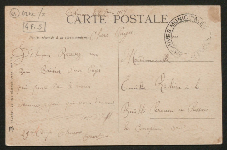 Alençon (Orne), un baiser d'Alençon, carte postale ancienne Talabot éditeur, Paris-Bordeaux, sd.