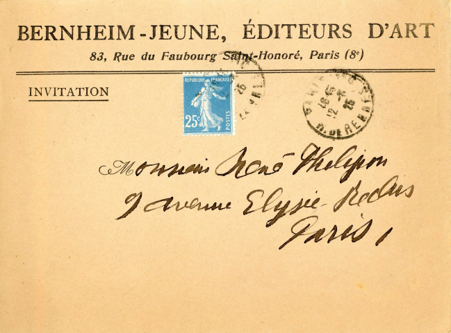 Exposition Louise Hervieu (16 mars - 27 mars 1925) à la galerie BERNHEIM-JEUNE : invitation catalogue envoyé au comte René Philipon, enveloppe.