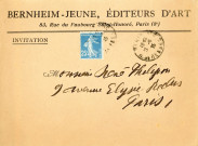 Exposition Louise Hervieu (16 mars - 27 mars 1925) à la galerie BERNHEIM-JEUNE : invitation catalogue envoyé au comte René Philipon, enveloppe.