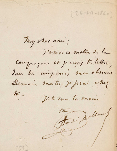 Lettre autographe signée de l'écrivain Amédée de Rolland à l'acteur Adolphe Laferrière [26 décembre1860] .