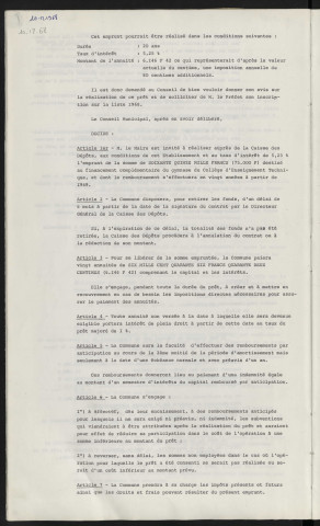 Finances, emprunt de 75 000 F auprès de la caisse des dépôts pour financement complémentaire du gymnase du C.E.T.