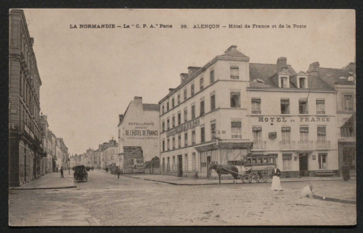 Alencon (Orne), carrefour Cours Clémenceau, rue Saint-Blaise, l'hôtel de France, carte postale ancienne noir et blanc n°38, sd, (14cm x 9 cm), AMA.