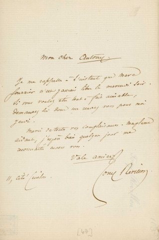 Lettre autographe signée de l'écrivain Tony Révillon à l'acteur Adolphe Laferrière (sd) .