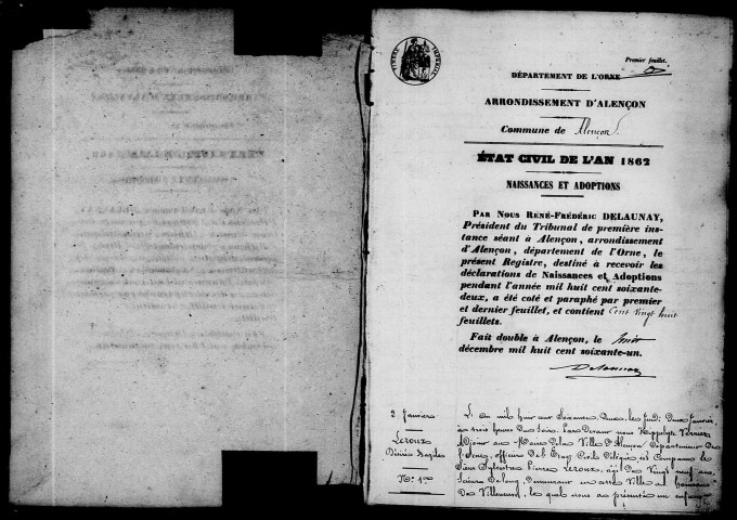 Registre des actes de naissance et adoption (1862).