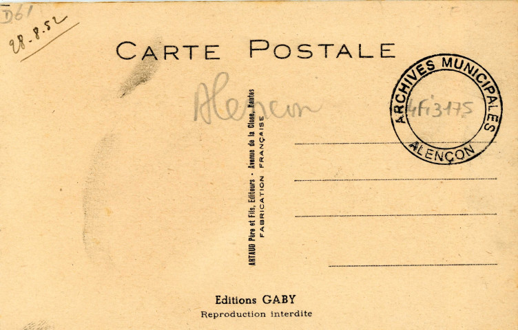 Alençon (Orne), "tout n'est pas perdu ! Soulevez le pot pour voir Alençon", carte postale à système couleur n°123, Artaud père et fils, éditeur, Nantes, éditions Gaby,(Date d'utilisation : 28 août 1952) , (14x9), AMA.