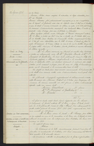 Immeuble LECLERC Rue de Sarthe 35, demande du locataire M. DE CASTILLA, prolongation du bail. Eaux de Seltz, droits d'octroi, abonnements avec les fabricants M. Mme GRASLAND Hamelin et M. Mme BOURGEOIS, M. Mme GUILLOCHON. Entretien des biens communaux, autorisation de traiter à l'amiable avec les entrepreneurs et fournisseurs, rapport