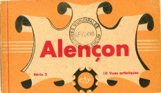 Alençon (Orne), vues artistiques (CAP) série 2, la préfecture (ND11), la Place Foch (LL99), le tribunal de commerce et le porche de l'église Notre-Dame (ND103), l'église Notre-Dame et le Pont-Neuf (LL137), la caisse d'épargne (ND177), le château des Ducs d'Alençon, la tour couronnée (ND54), vue sur la Sarthe (ND77), la grande allée du jardin public (CAP234), la rue du Jeudi, la Poste et vieille maison (CAP252), vieille maison, rue de la Barre (LL135) : carnet 10 cartes postales sépia, Cie des arts photomécaniques, Paris, 1910, (15e), (14x9).