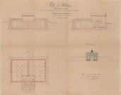 Alençon, modifications au projet de dérivation et de distribution d'eau des sources du moulin de Launay, réservoir de 900 mètres cubes pouvant être agrandi à 1800 mètres cubes, coupe, plan, façade principale (Charles Gibault, éch.1/100) (73.5cm x 58cm) (16 janvier 1889),
