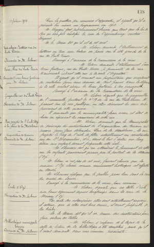 Enseignement technique, apprentis : Proposition de M. LEBOUC. Voirie urbaine, trottoirs Rue du Puits Verrier : Demande M. LEBOUC. Eaux, Rue du Puits Verrier, demande d'une borne-fontaine : Demande M. LEBOUC. Gargouilles Rue du Puits Verrier : Observation M. LEBOUC. Rue projetée de l'école d'Ozé à la Place de la Madeleine, acquisition de terrain : Demande M. LEBOUC. Ecole d'Ozé, table de l'école dans la cours : Observation de M. LEBOUC. Bibliothèque Municipale, tapis salle de lecture : Demande M. LEBOUC