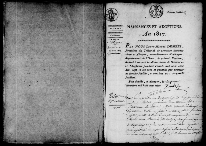 Registre des actes de naissance et adoption (1er janvier - 31 décembre 1817).