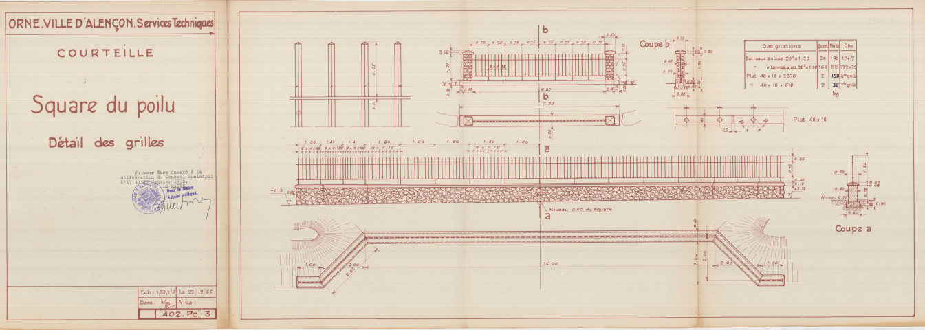 Square du Poilu, détail des grilles, plan (Services Techniques, 1/50, 1/5, 22 décembre 1955, 402PC3) (84.2x29.7).