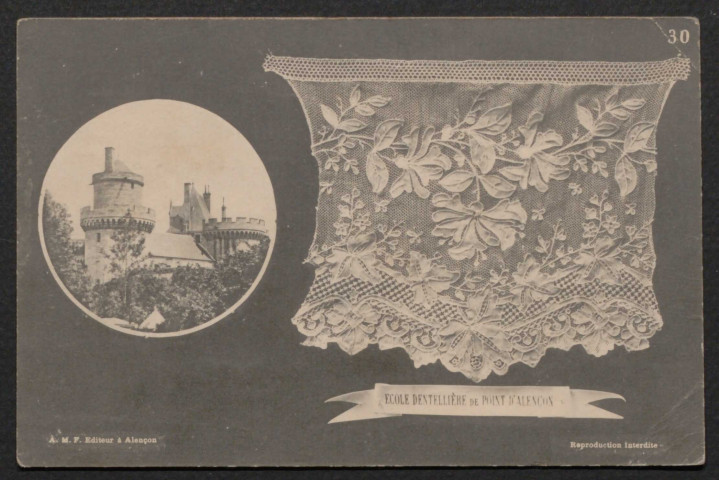 Alençon (Orne), École dentellière de point d'Alençon, carte postale ancienne noir et blanc n°30, A.M.F éditeur à Alençon, (Date d'utilisation : 19 août 1914), (14x9), AMA.