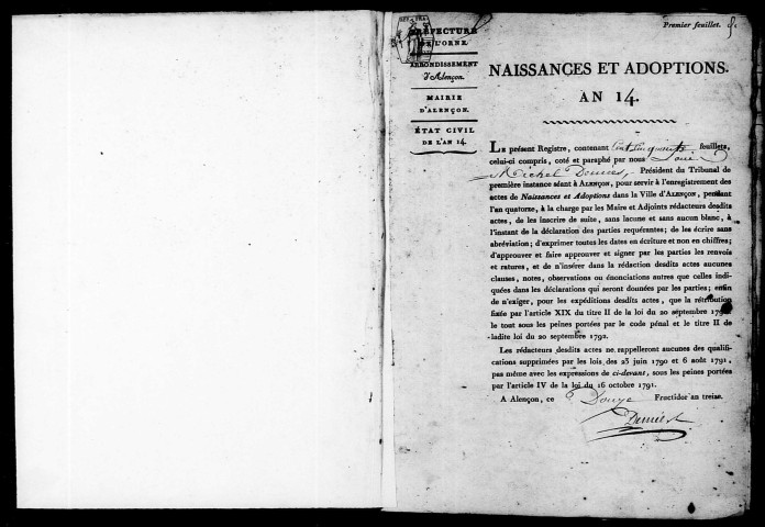 Registre des actes de naissance et adoption (26 septembre 1805-27 décembre 1806).