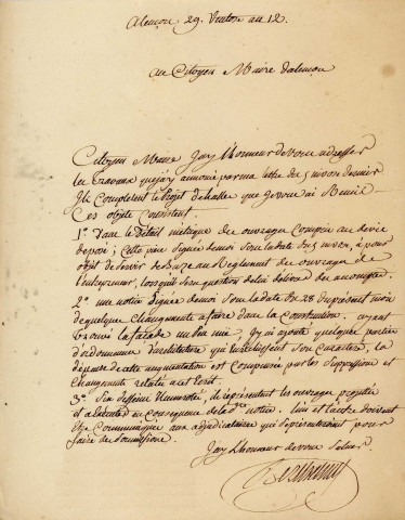 Etablissement de halles suite à la démolition du couvent des Filles Notre-Dame d'Alençon, adjudication (architecte Berthelmy): devis, correspondance, minute, arrêté préfectoral.