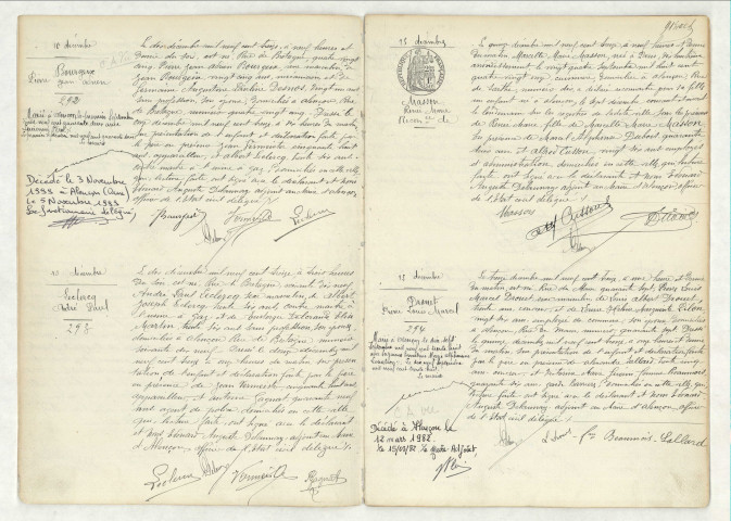 Acte de naissance de BOUGEIX Pierre Jean Adrien (10 décembre 1913),acte de naissance de LECLERCQ André Paul (10 décembre 1913),reconnaissance de MASSON Renée Marie (15 décembre 1913),acte de naissance de DROUET Pierre Louis Marcel (13 décembre 1913).
