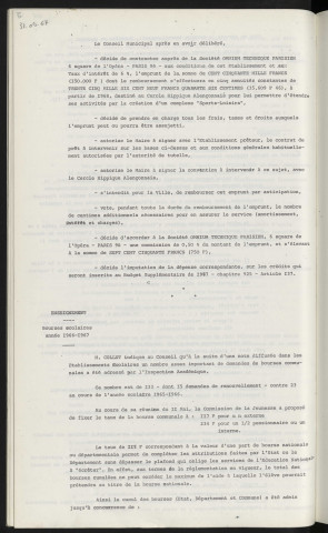 Finances, emprunt de 150,000F destiné au cercle hippique Alençonnais, société ONIUM technique Parisien. Enseignement, bourses scolaires année 1966-1967.