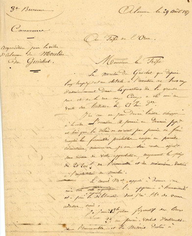 Moulin du Guichet, vente sur licitation, acquisition par la ville d'Alençon (1857) : correspondance, délibération, plan, procès-verbal estimatif, arrêté.