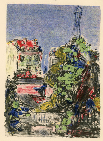 Louise Hervieu, "Réminiscences", Paris, Compagnie Française des Arts Graphiques, 1946, Grand in-8 en feuilles de 62 pages. Illustré par l'auteure : une lithographie en couleurs en frontispice, 4 lithographies en noir à pleine page et cinq in-texte, tirage limité à 355 exemplaires sur Vélin pur fil. Exemplaire n°348, parfait état. En feuilles sous couverture rempliée imprimée à deux couleurs, porte-feuille et étui orange.