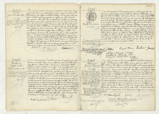 Acte de naissance de PISSOT Jeanne Clémentine Céline (24 août 1910),reconnaissance de COUTURIER Joseph André (26 août 1910),acte de naissance de GILLES Blanche Renée Jeanne (27 août 1910),acte de naissance de CADUNER Germaine Françoise (28 août 1910).