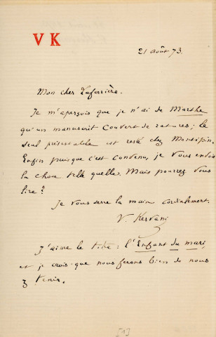 Lettre autographe signée de l'écrivain Victor Kervani à l'acteur Louis Delaferrière (21 août 1873).