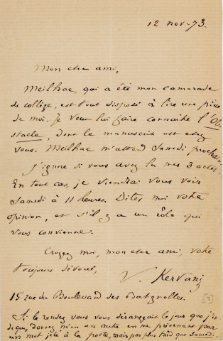 Lettre autographe signée de l'écrivain Victor Kervani à l'acteur Adolphe Delaferrière (12 novembre 1873).