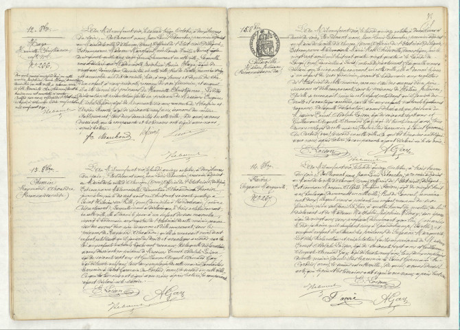 Acte de naissance de HAYE Henriette Christianne enfant naturel (12 octobre 1906), reconnaissance de CHEMIN Raymond Alexandre (15 octobre 1906), reconnaissance de CHEDEVILLE Hélène Julienne (15 octobre 1906), acte de naissance de FAIVRE Suzanne Marguerite (14 octobre 1906).