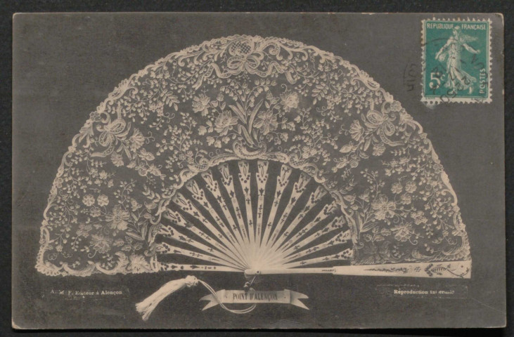 Alençon (Orne), Point d'Alençon, carte postale ancienne noir et blanc, A.M.F. éditeur à Alençon, (Date d'utilisation : 17 decembre 1912), (14x9), AMA.