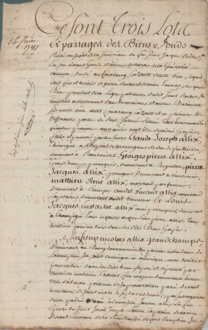 Partage de la succession de Jacques Rocher, répartition en trois lots des parts revenants aux frères Allix (14 juin 1780).