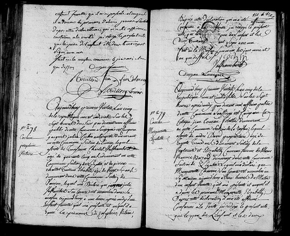 Acte de naissance de ROUILLON Olive Jeanne Charlotte (18 février 1797),acte de naissance de COCHIN Joséphine Victoire (19 février 1797),acte de naissance de CONEAU Marguerite Elisabeth (19 février 1797).